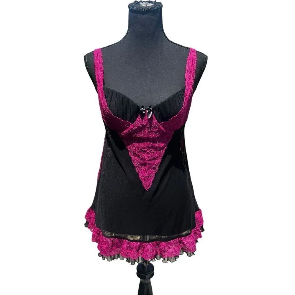 Fredericks of Hollywood Medium Hot Pink Black Lace Camisole dress lingerie